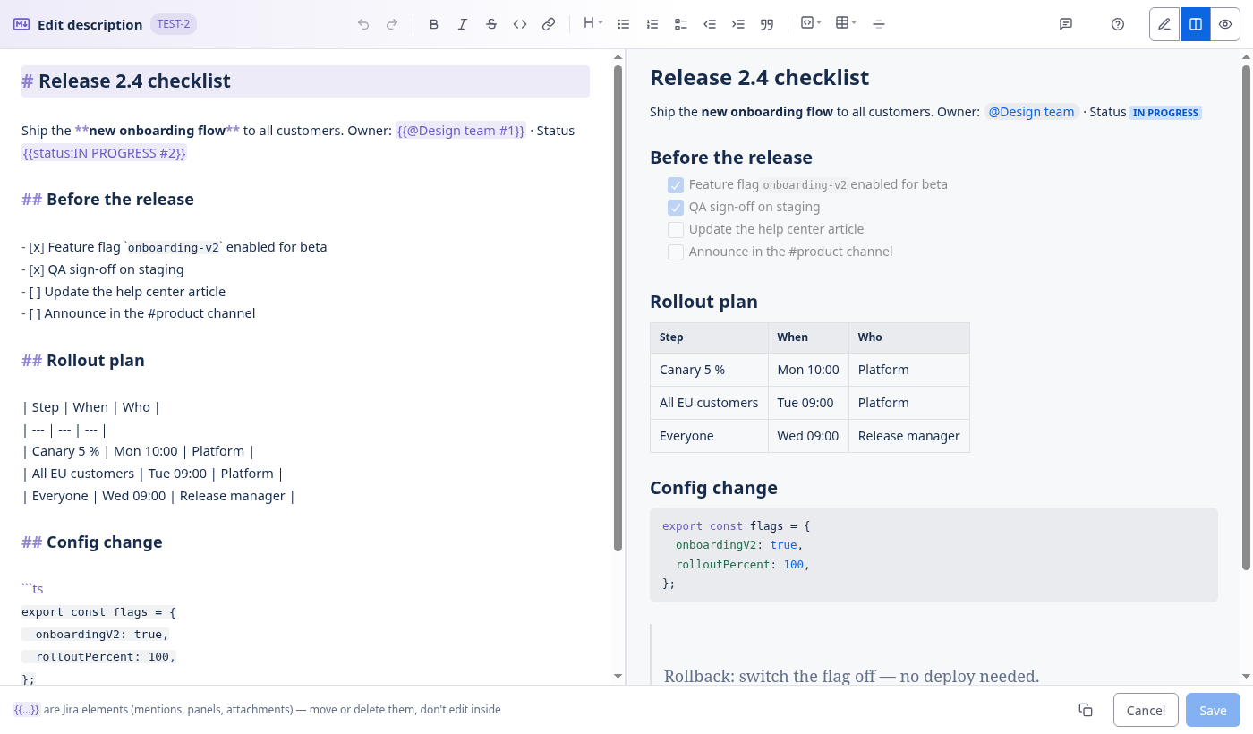 The Markdown editor inside Jira: Markdown source on the left, live preview on the right, formatting toolbar on top